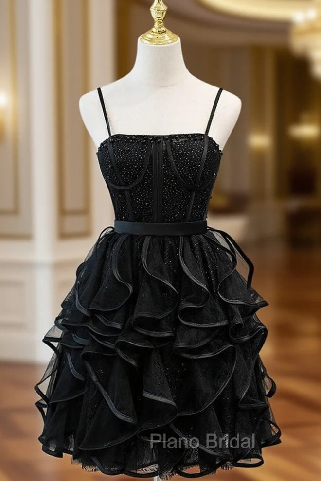Black Tulle Spaghetti Straps Beading Homecoming Dresses Main image