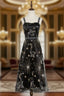 Black Tulle Spaghetti Straps Embroidery Tea Length Formal Prom Dresses