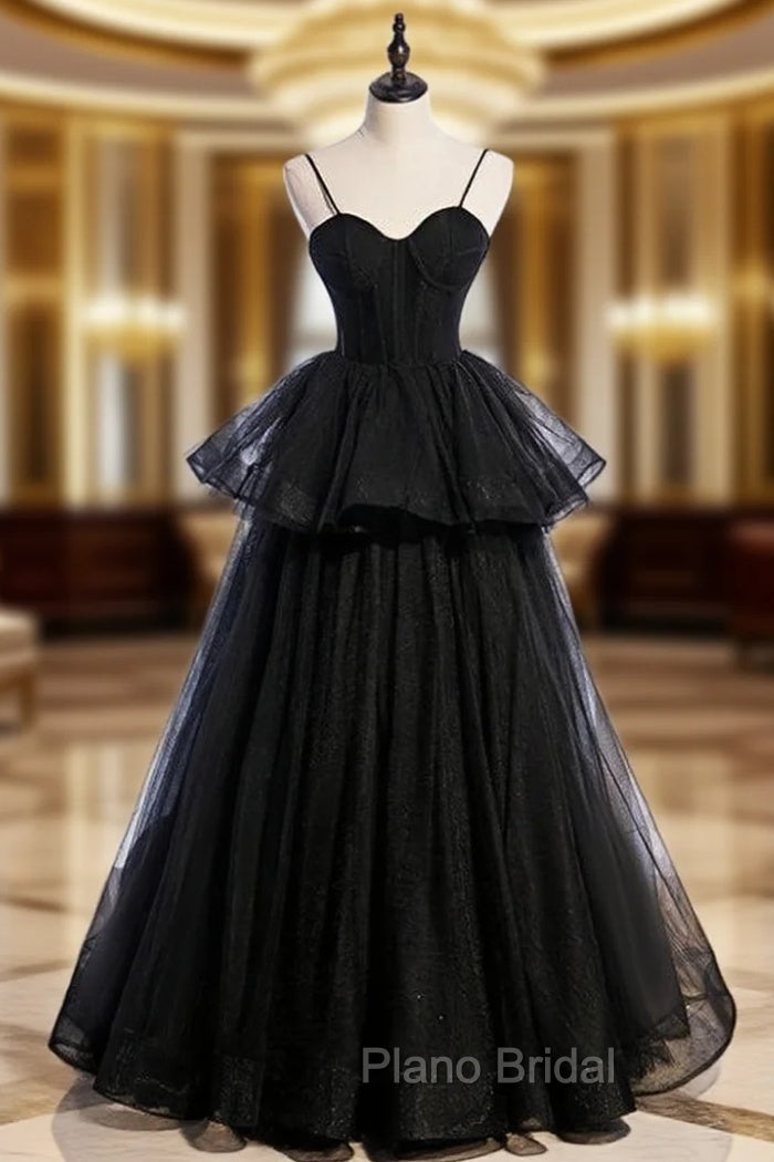 Black Tulle Spaghetti Straps Long Formal Prom Dresses