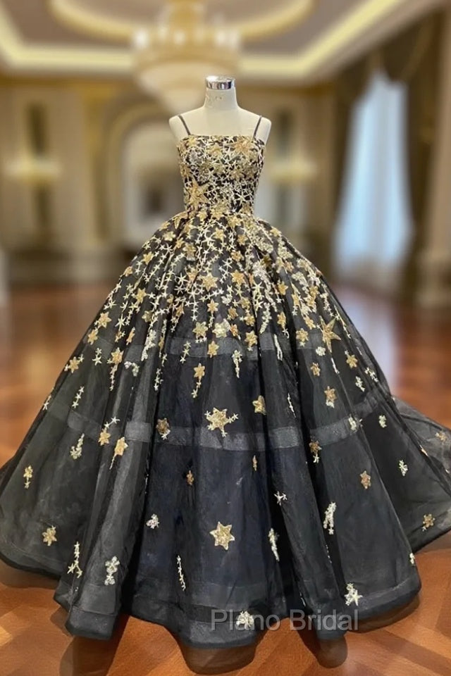 Black Tulle Spaghetti Straps Sequins Formal Prom Dresses Main image