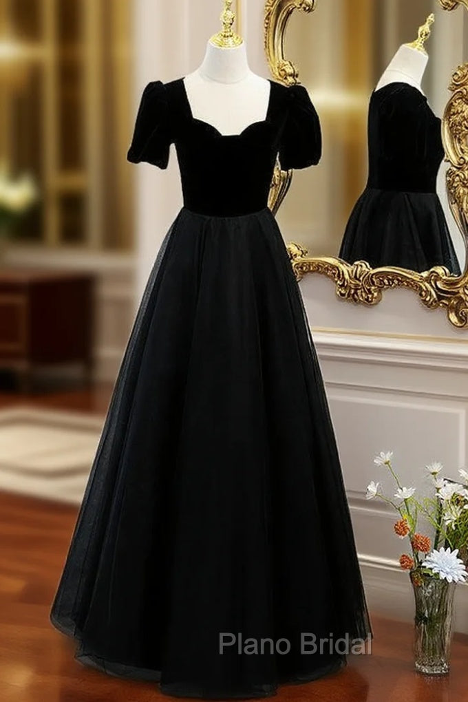 Black Tulle Square Short Sleeve Square Formal Prom Dresses Main image