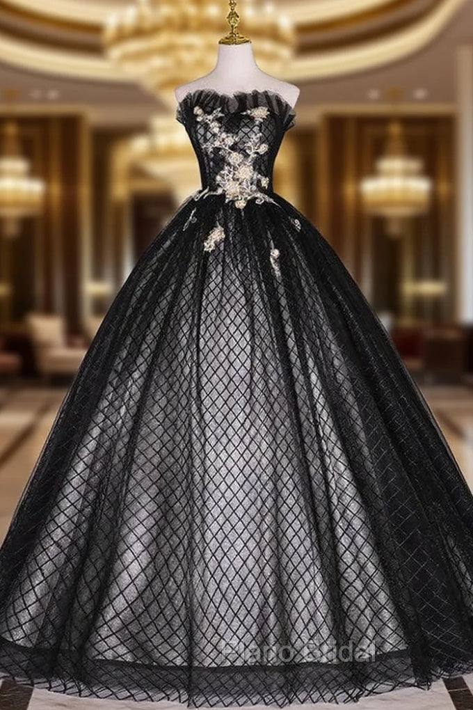 Black Tulle Strapless Appliques Quinceanera Dresses