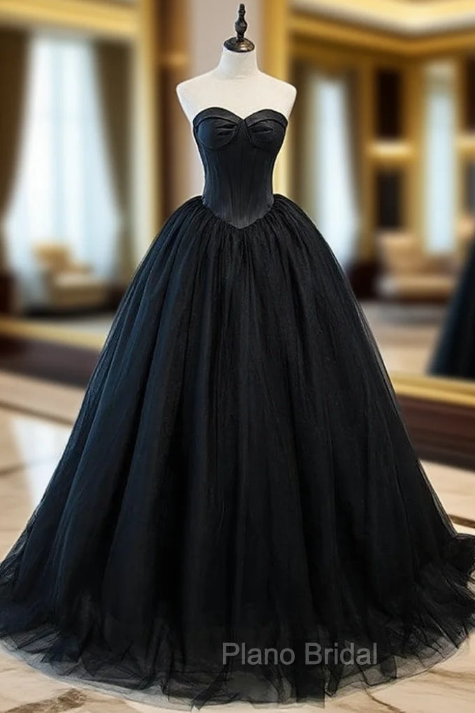Black Tulle Strapless Pleats Formal Prom Dresses