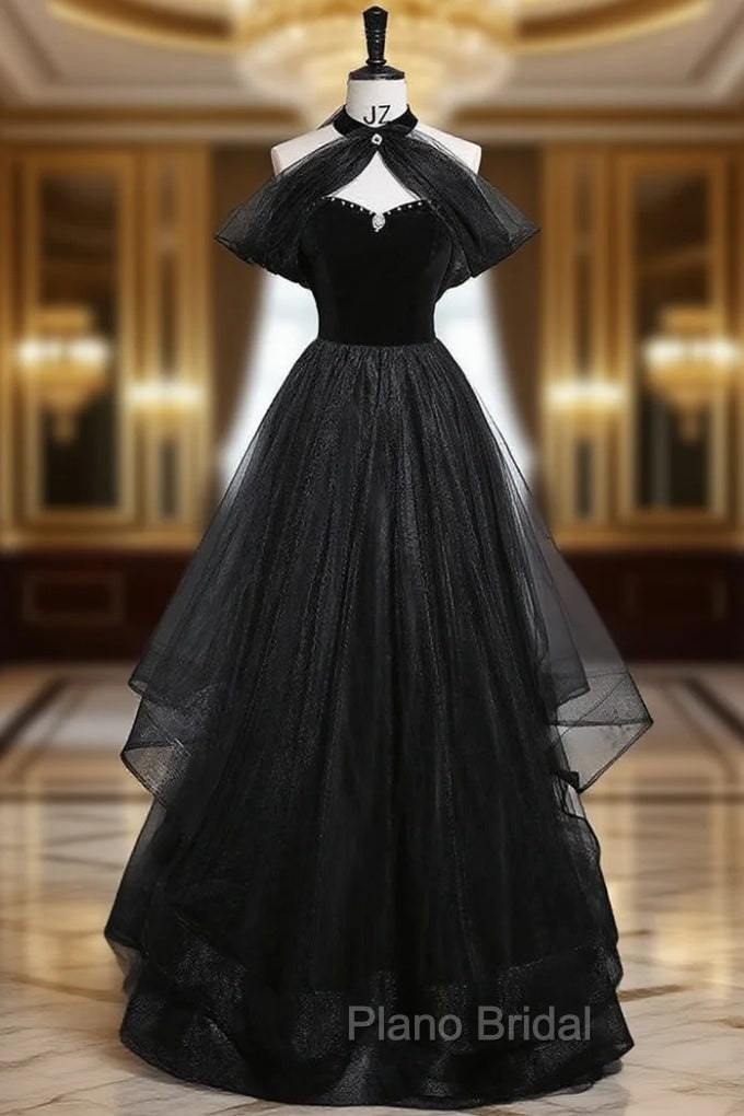 Black Tulle Strapless Formal Prom Dresses Detachable Neck