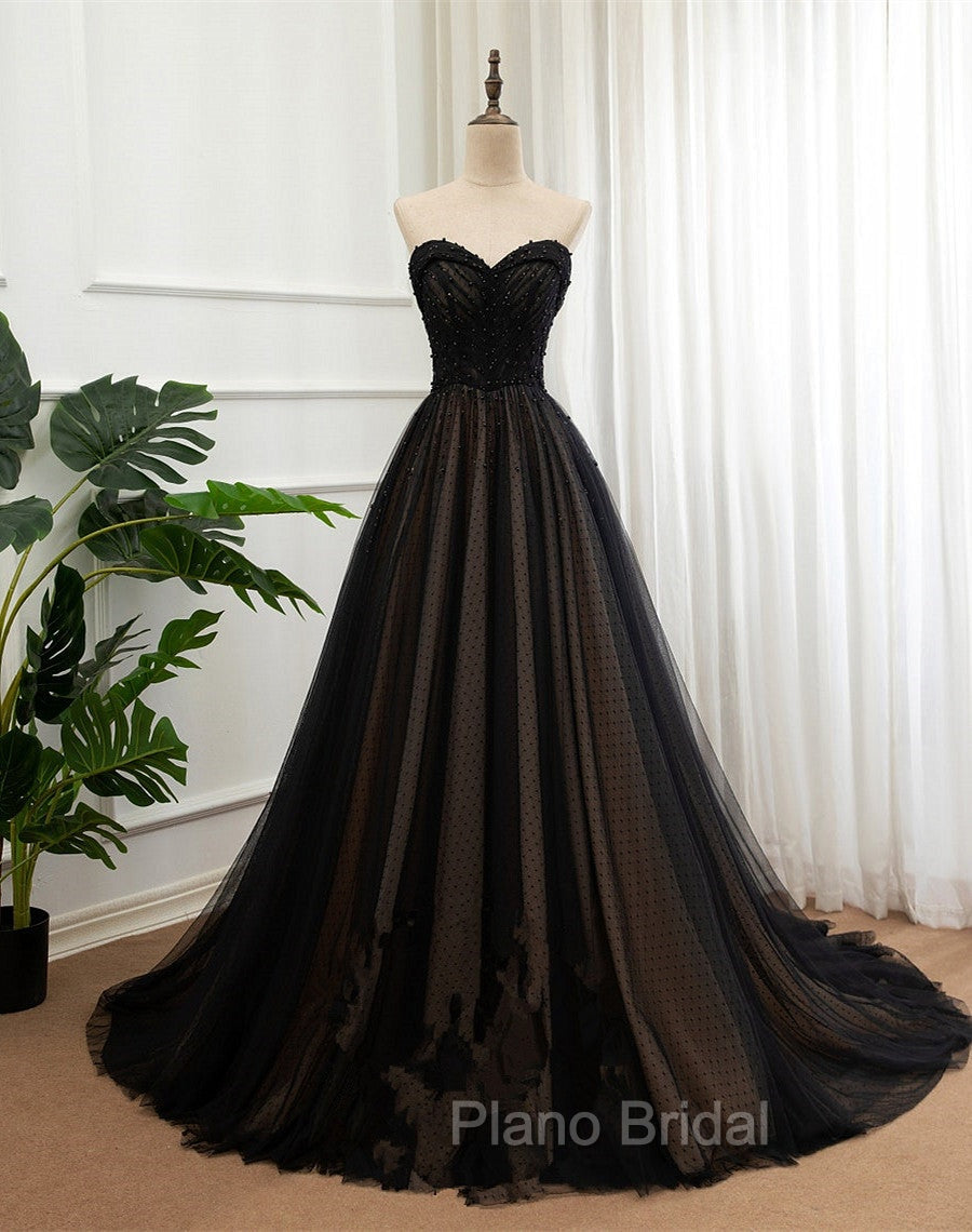 Black Tulle Sweetheart A-line Formal Dresses with Lace, Black Long Formal Prom Dresses Secondary image