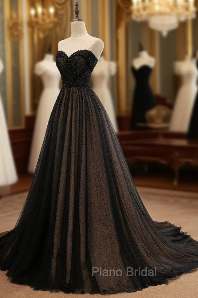 Black Tulle Sweetheart A-line Formal Dresses with Lace, Black Long Formal Prom Dresses