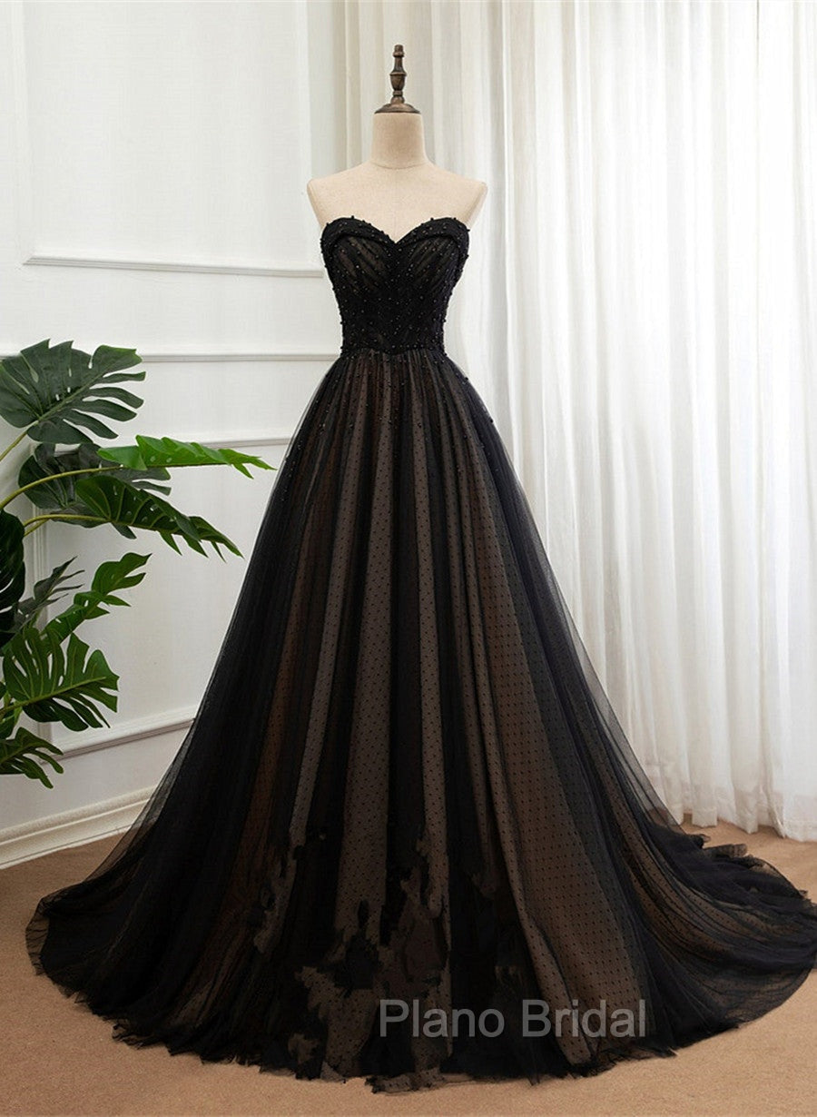 Black Tulle Sweetheart A-line Formal Dresses with Lace, Black Long Formal Prom Dresses Main image