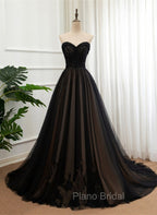 Black Tulle Sweetheart A-line Formal Dresses with Lace, Black Long Formal Prom Dresses