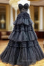 Black Tulle Sweetheart Appliques Formal Prom Dresses