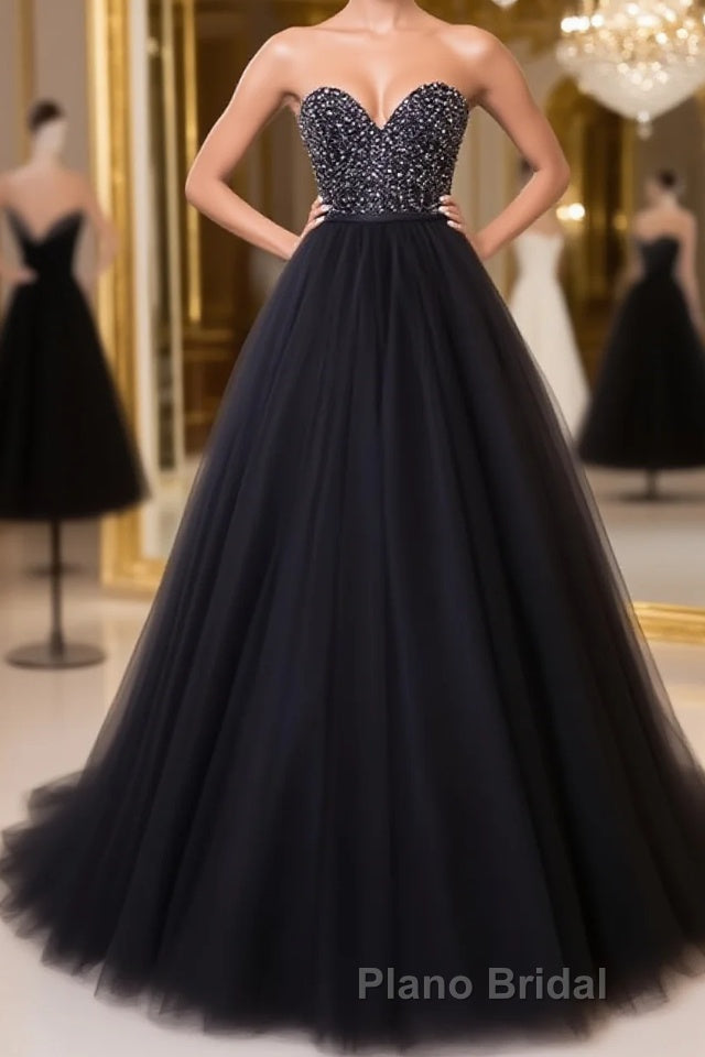 Black tulle sweetheart neck long Formal Prom dress, black evening dress Main image