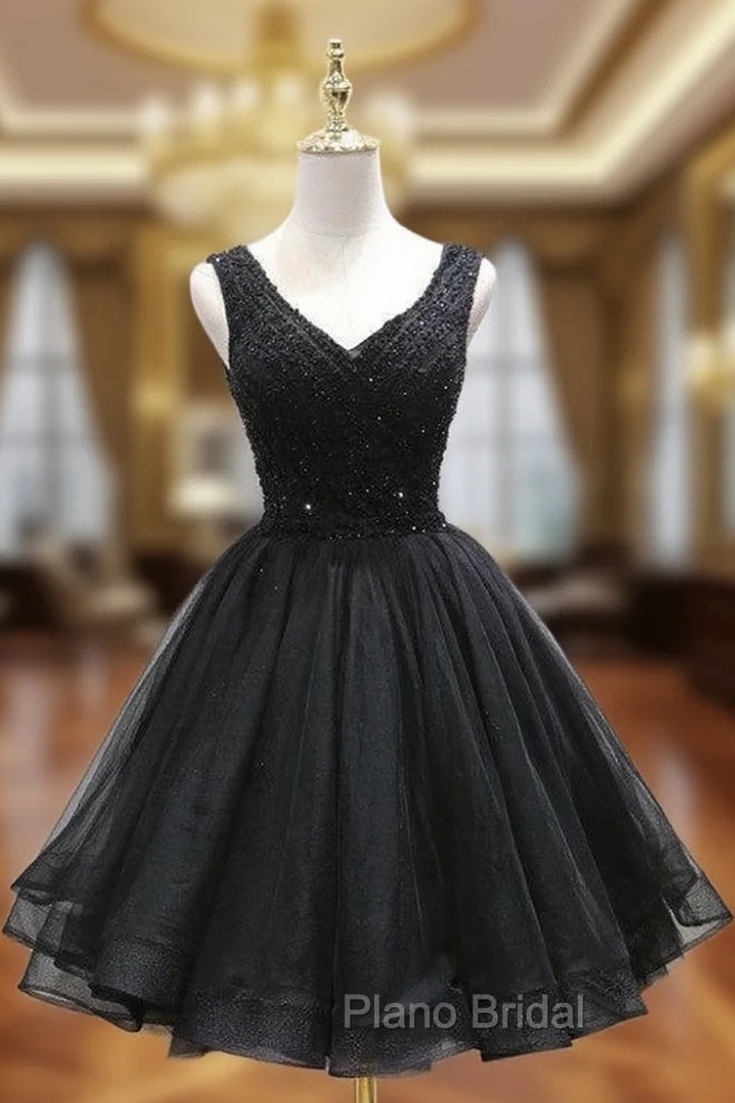 Black Tulle V Back Beaded Knee Length Homecoming Dresses, Black Short Party Dresses Main image