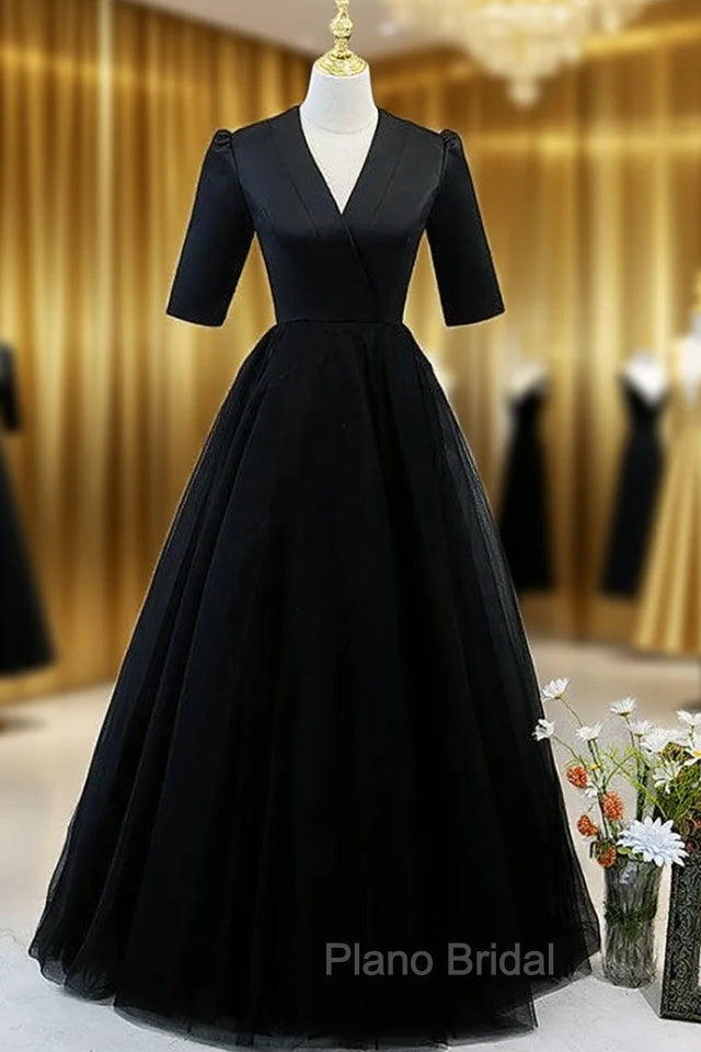 Black Tulle V-neck Short Sleeve Formal Prom Dresses
