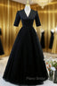 Black Tulle V-neck Short Sleeve Formal Prom Dresses