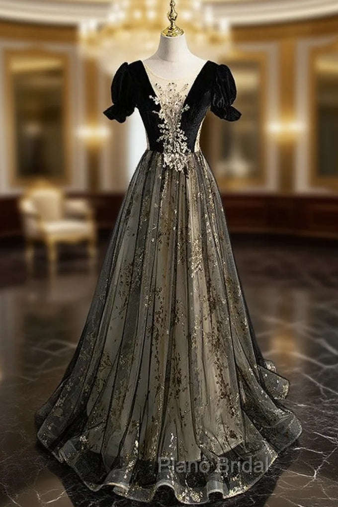 Black Tulle Velvet Backless Short Sleeve Formal Prom Dresses Main image