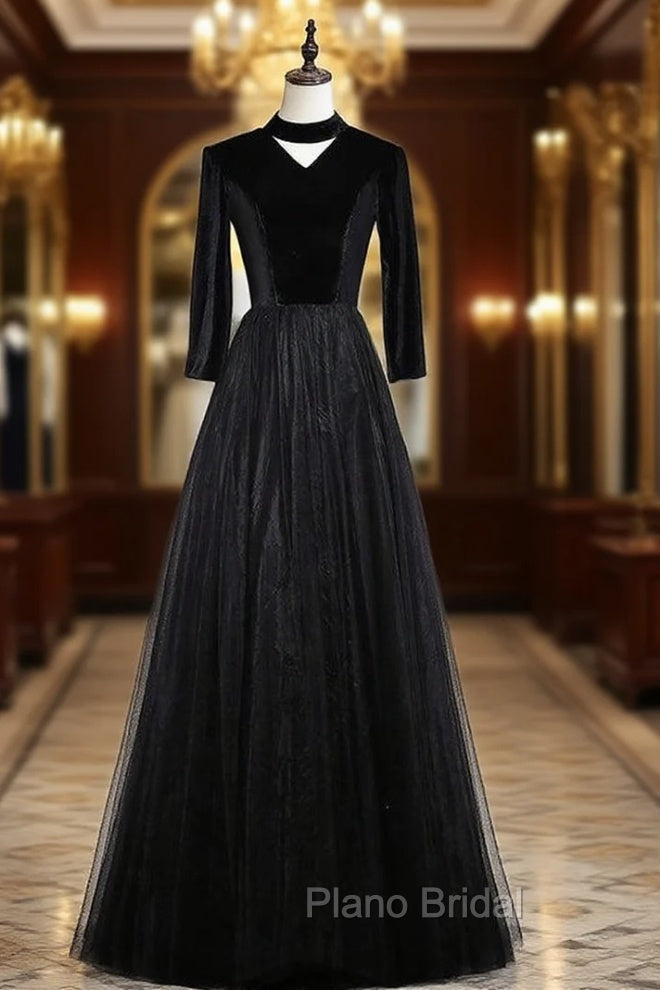 Black Tulle Velvet High Neck Long Sleeve Formal Prom Dresses Main image