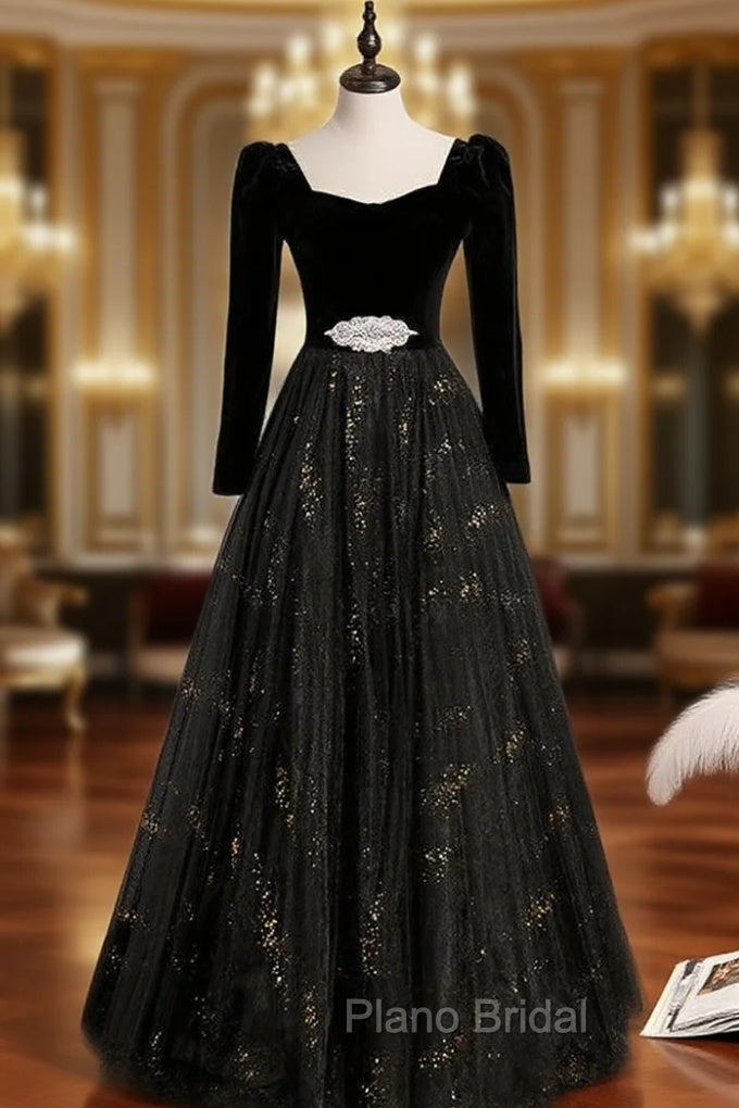 Black Tulle Velvet Long Sleeve Formal Prom Dresses Main image
