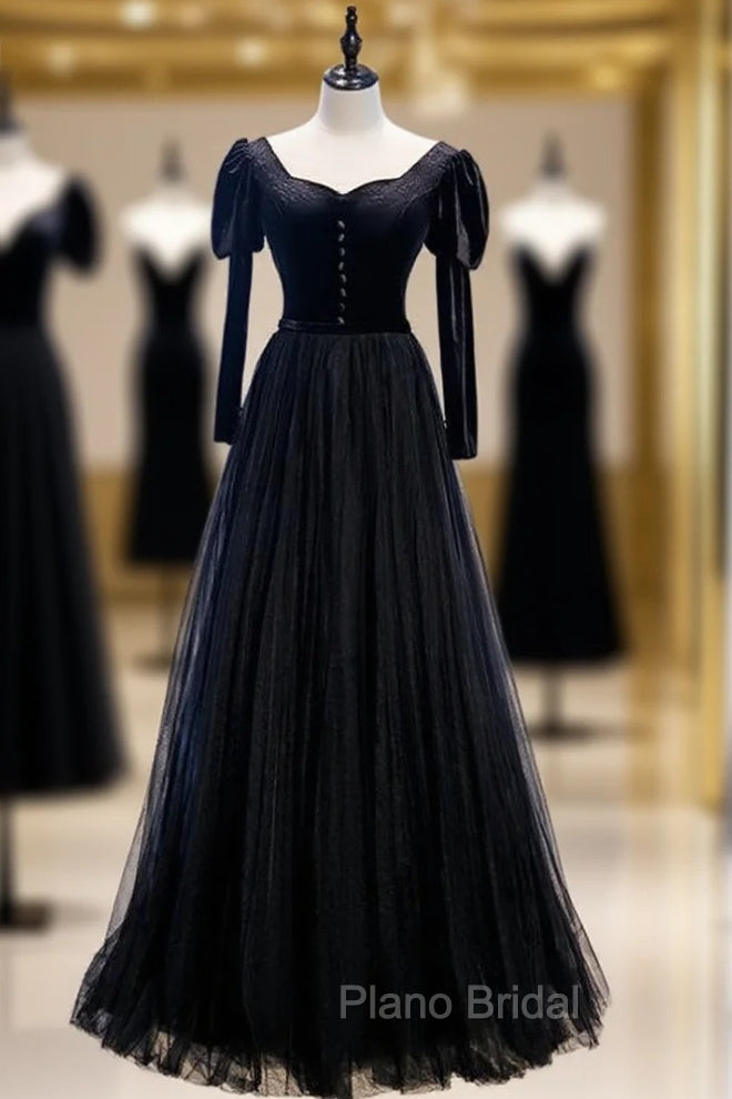 Black Tulle Velvet Long Sleeve Square Formal Prom Dresses Main image