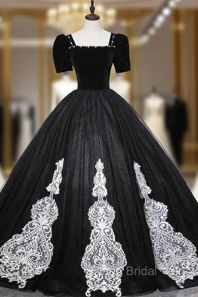 Black Tulle Velvet Short Sleeve Quinceanera Dresses