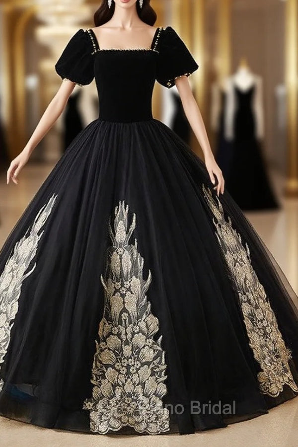 Black Tulle Velvet Square Short Sleeve Appliques Quinceanera Dresses Main image
