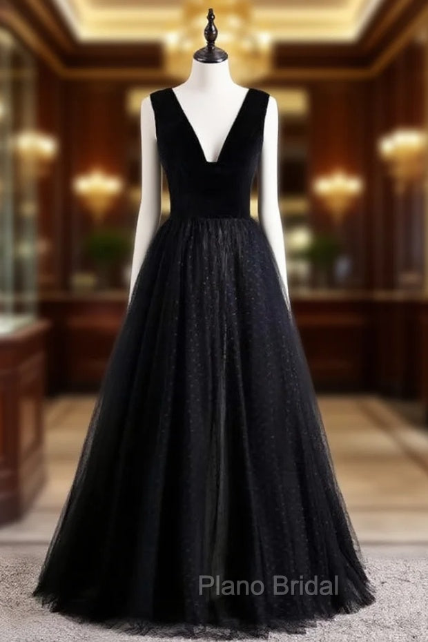 Black Tulle Velvet V-neck Formal Prom Dresses