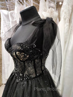 Black Tulle with Lace Straps Long Formal Dresses, Black Long Evening Dresses Formal Prom Dresses