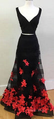 Black Two Pieces Applique Long Formal Prom Dresses, Black Formal Dresses