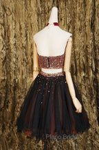 Black Two Pieces Beads Tulle Short Formal Prom Dresses Black Homecoming Dresses