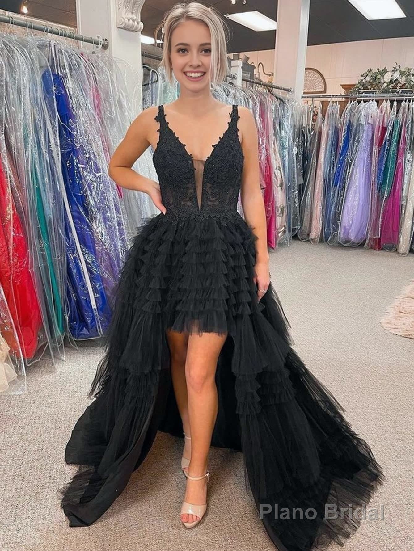 Black V Neck Asymmetrical Tulle Long Prom Dress Main image