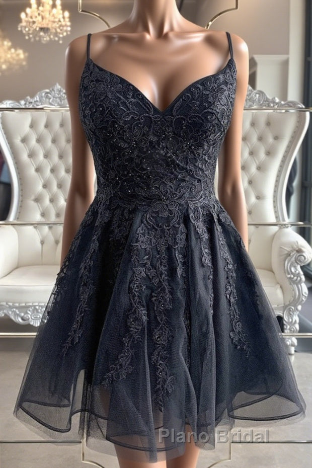 Black V Neck Backless Lace Short Formal Prom Dresses, Backless Black Lace Homecoming Dresses, Black Lace Formal Evening Dresses