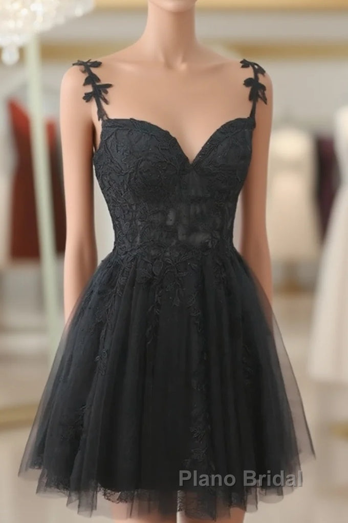 Black V Neck Beaded Tulle And Lace Formal Prom Dresses, Cute Black Homecoming Dresses Main image