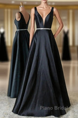 Black V Neck Beading Satin Formal Prom Dresses