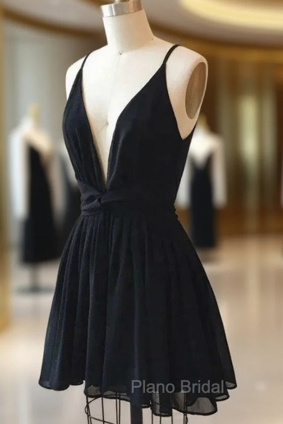 Black V-neck Chiffon Backless Homecoming Dresses Main image