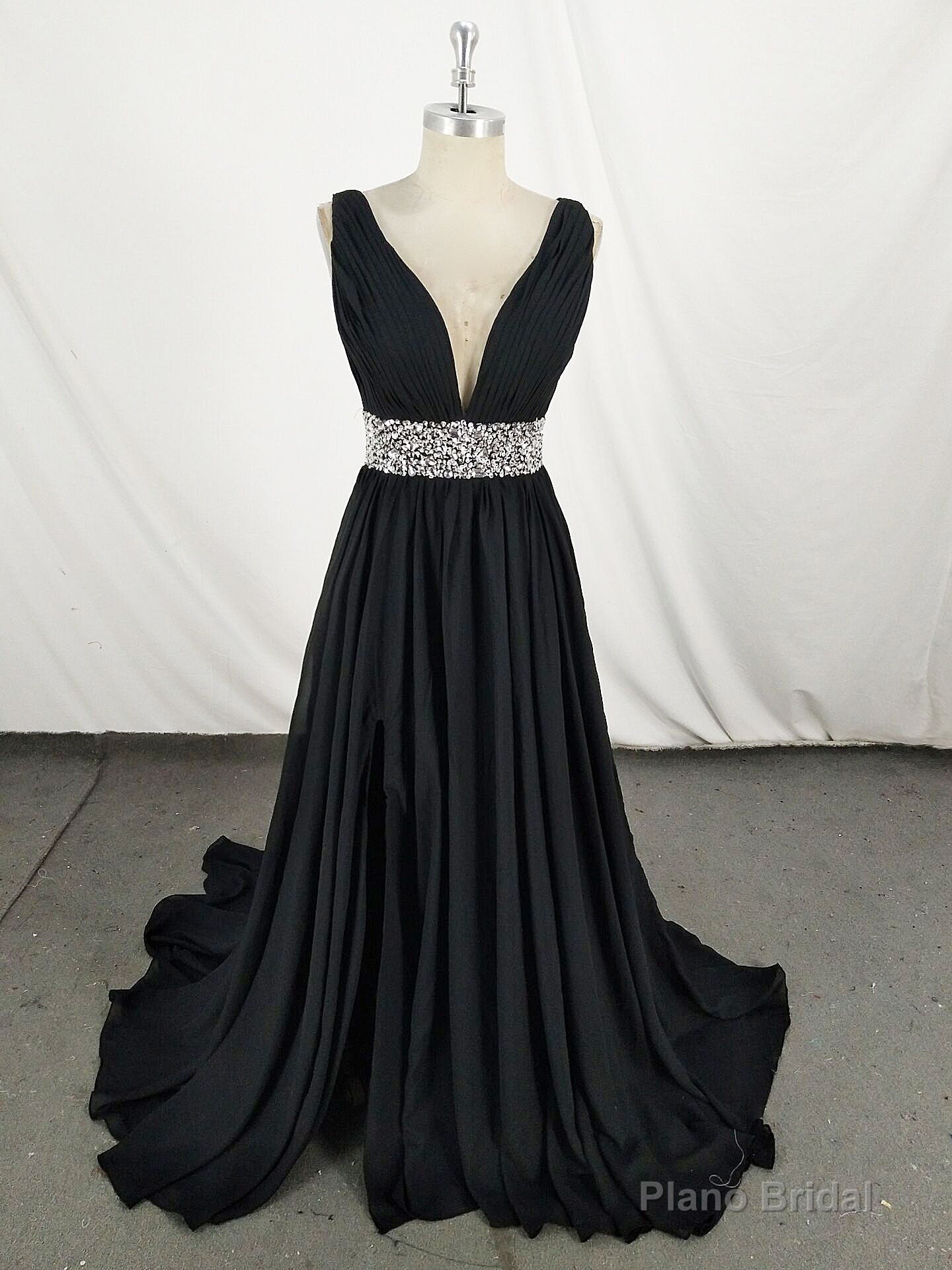Black V Neck Chiffon Sequin Long Prom Dress, Black Evening Dress Secondary image