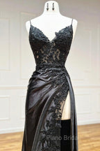Black V-Neck Lace Long Formal Dresses, Black Spaghetti Strap Evening Gown with Leg Slits