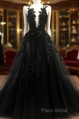 Black V Neck Lace Long Formal Prom Dresses A Line Formal Dresses