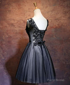 Black V Neck Lace Short Prom Dress, Black Evening Dress