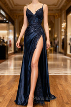 Dark Blue V Neck Satin Lace Long Formal Prom Dresses, Dark Blue Lace Long Evening Dresses