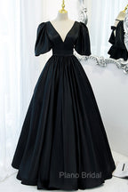 Black V-Neck Satin Long Formal Prom Dresses, A-Line Short Sleeve Evening Dresses