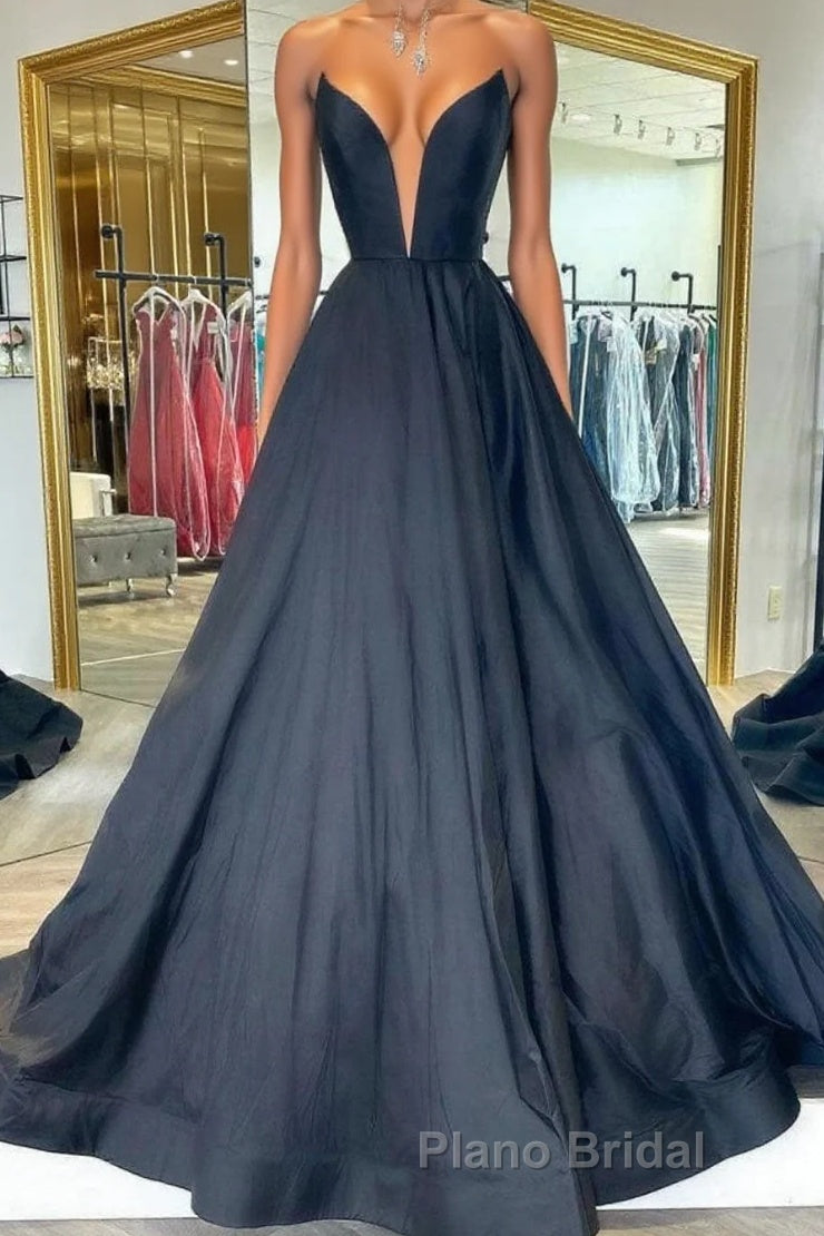 Black v neck satin long Formal Prom dress, black evening dress Main image