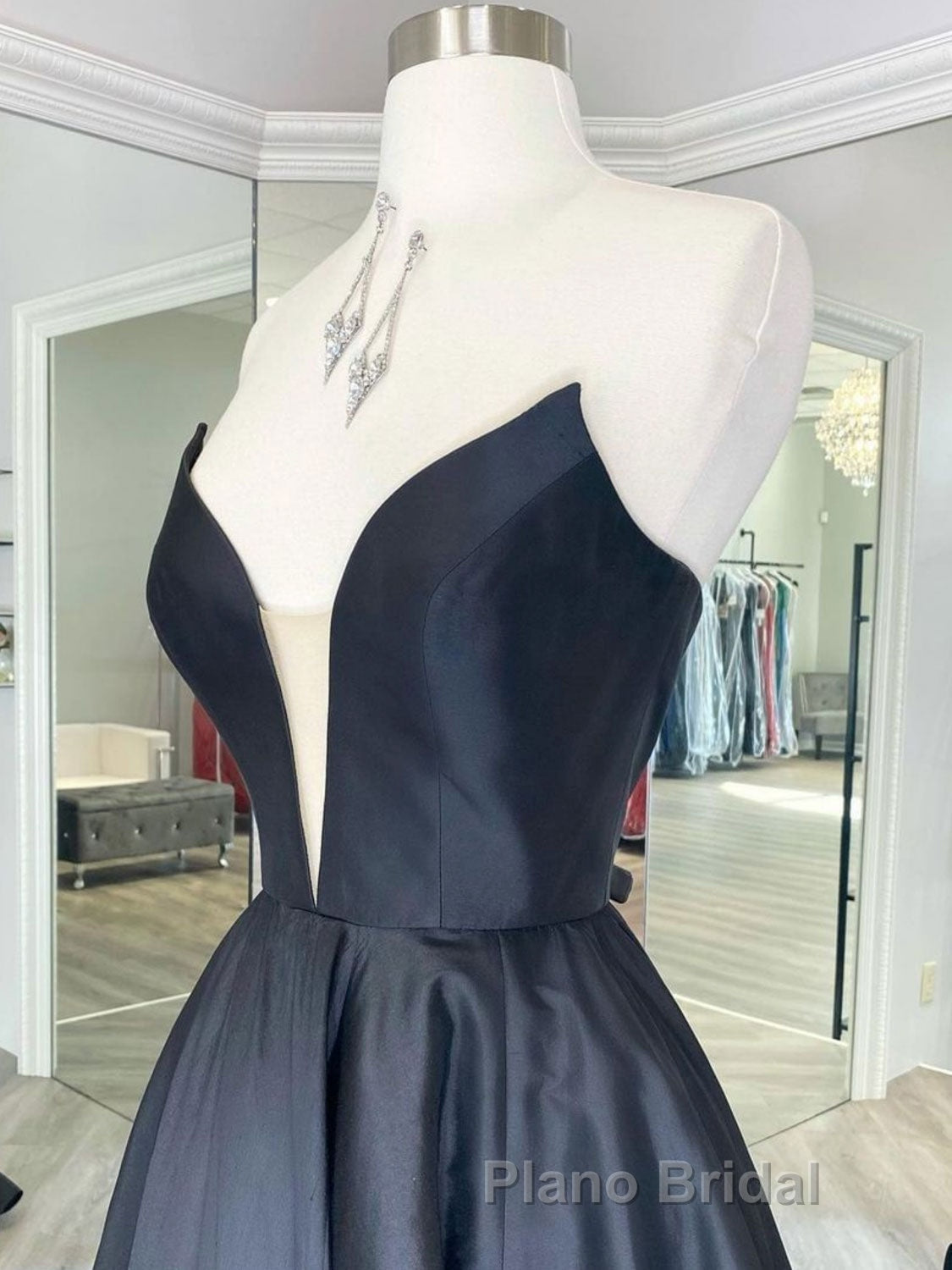 Black v neck satin long Formal Prom dress, black evening dress