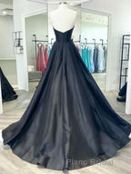Black v neck satin long Formal Prom dress, black evening dress