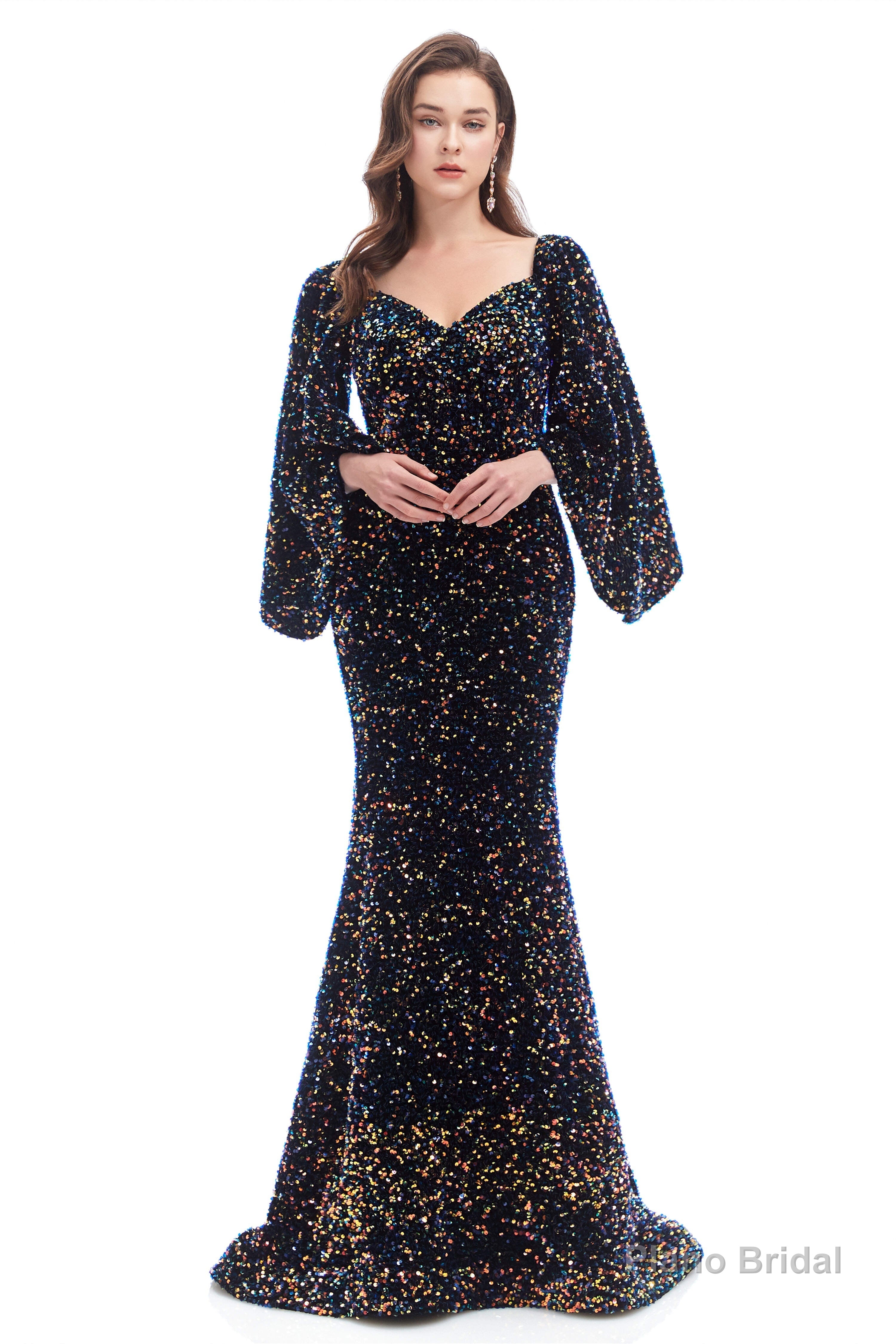 V-Neck Sequins Mermaid Prom Dresses with Sleeves Main image