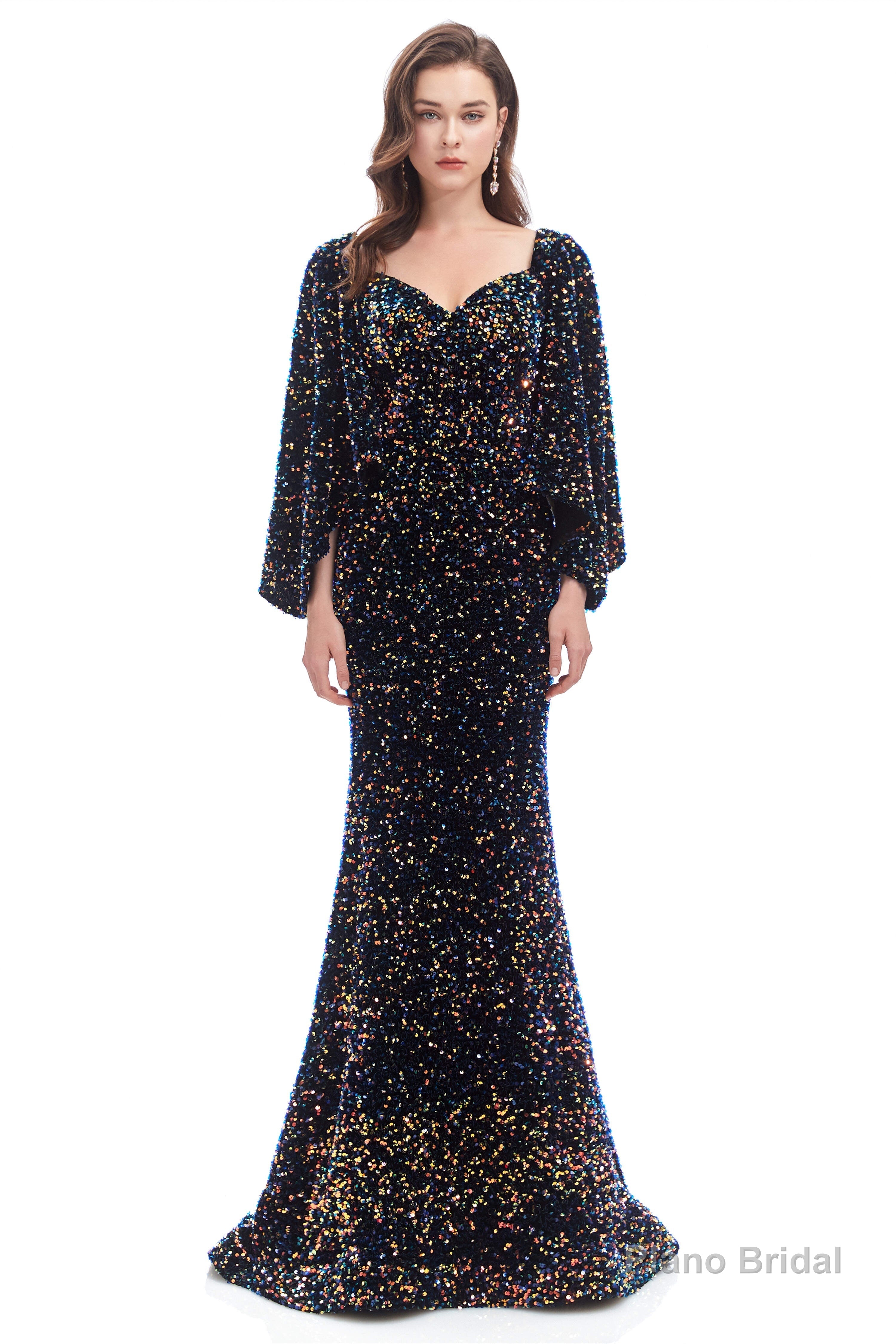 V-Neck Sequins Mermaid Prom Dresses with Sleeves