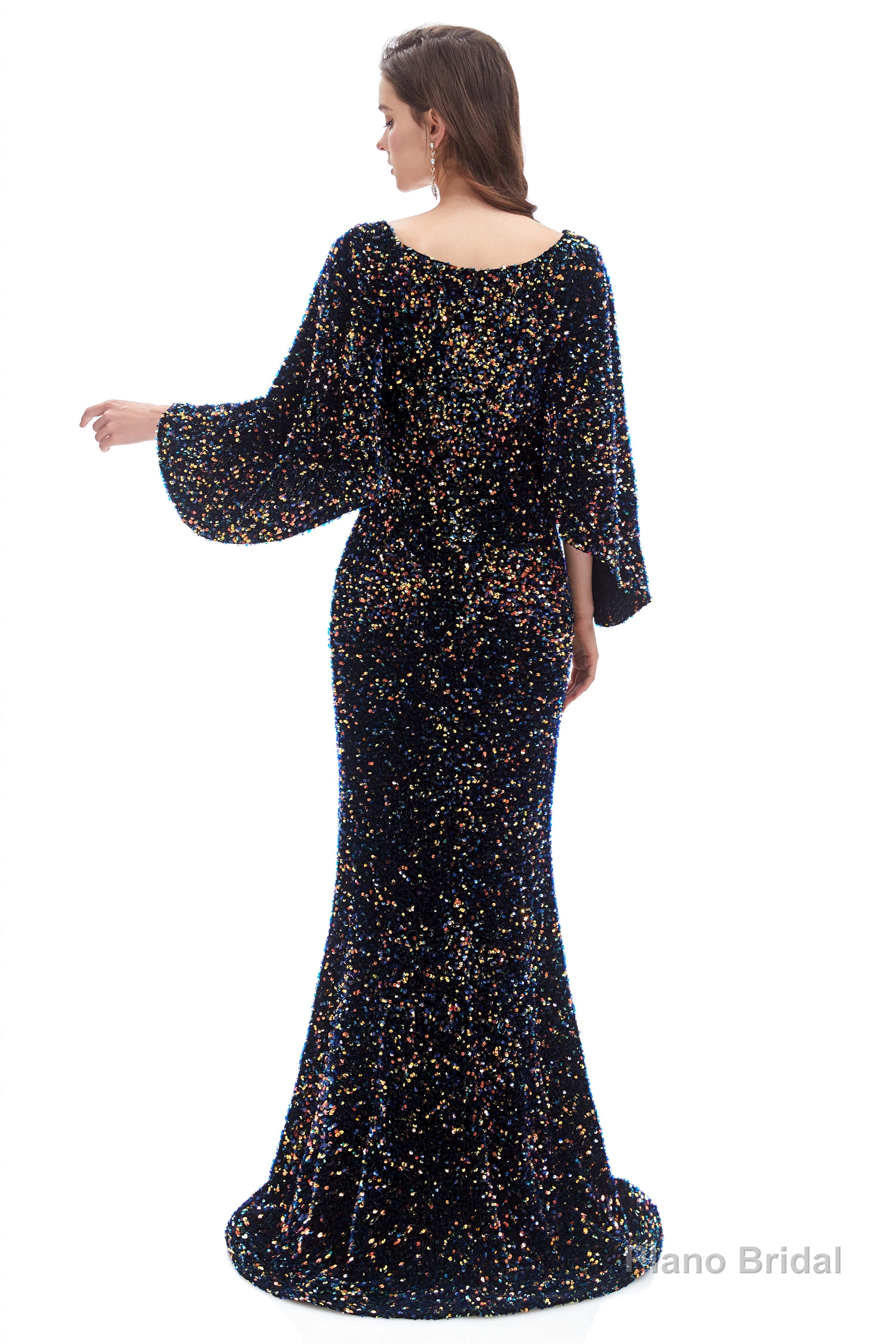 V-Neck Sequins Mermaid Prom Dresses with Sleeves