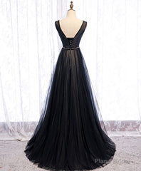 Black V Neck Tulle Lace Long Prom Dress Black Evening Dress