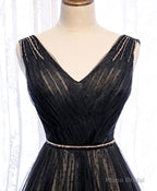 Black V Neck Tulle Lace Long Prom Dress Black Evening Dress