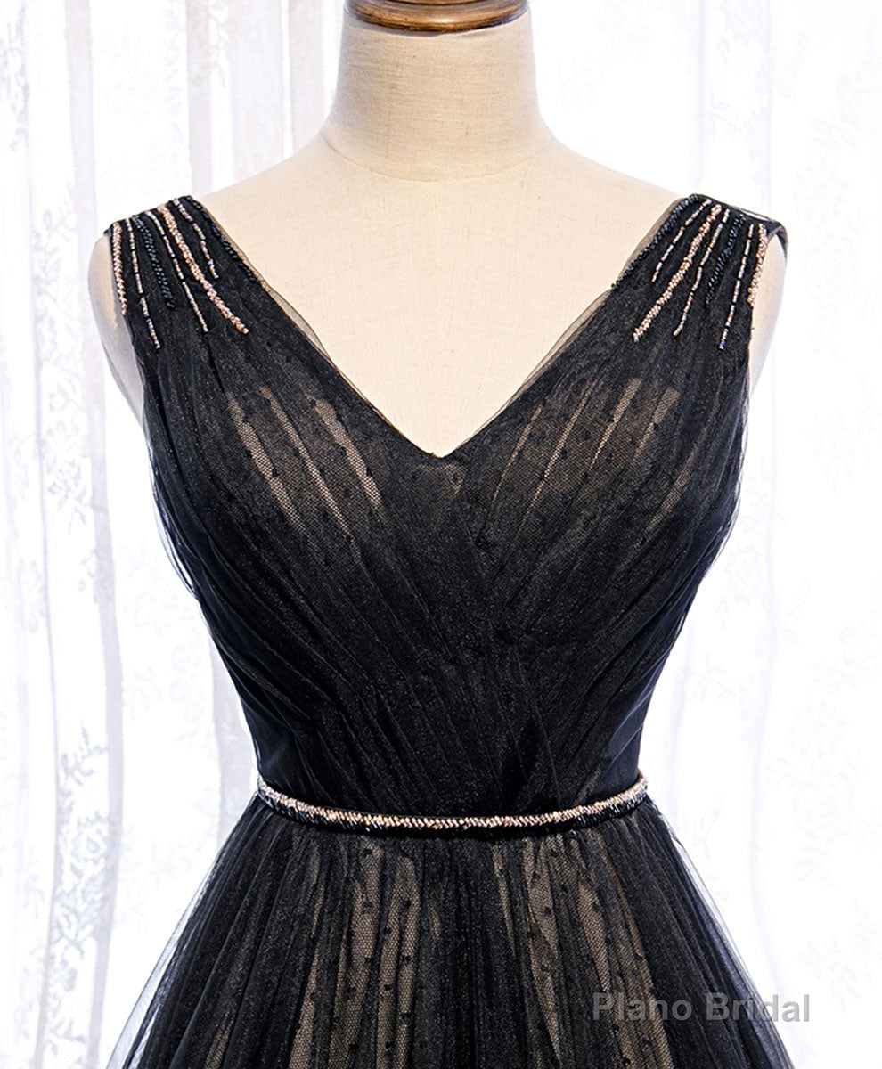 Black V Neck Tulle Lace Long Prom Dress Black Evening Dress