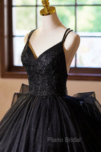Black V-Neck Tulle Lace Formal Prom Dresses, Gorgeous A-Line Evening Party Dresses