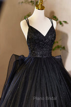 Black V-Neck Tulle Lace Formal Prom Dresses, Gorgeous A-Line Evening Party Dresses