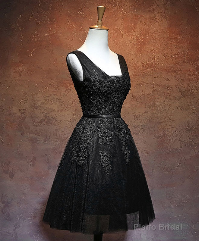 Black V Neck Tulle Lace Short Prom Dress, Black Homecoming Dresses Secondary image